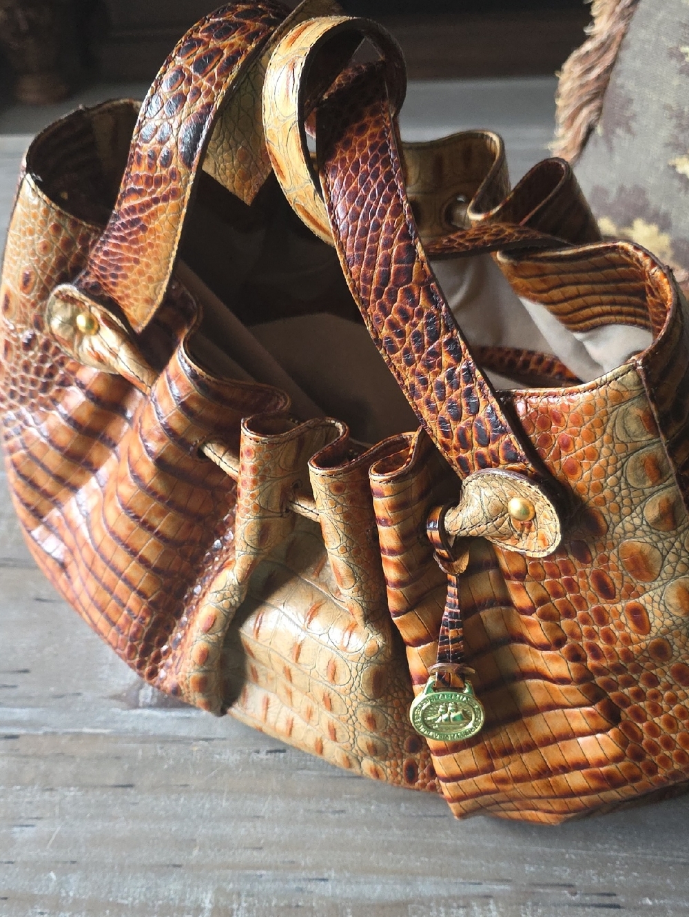 Genuine Croc-Embossed Brown Leather Tote Bag with Matching Wallet - Picture 8 of 16